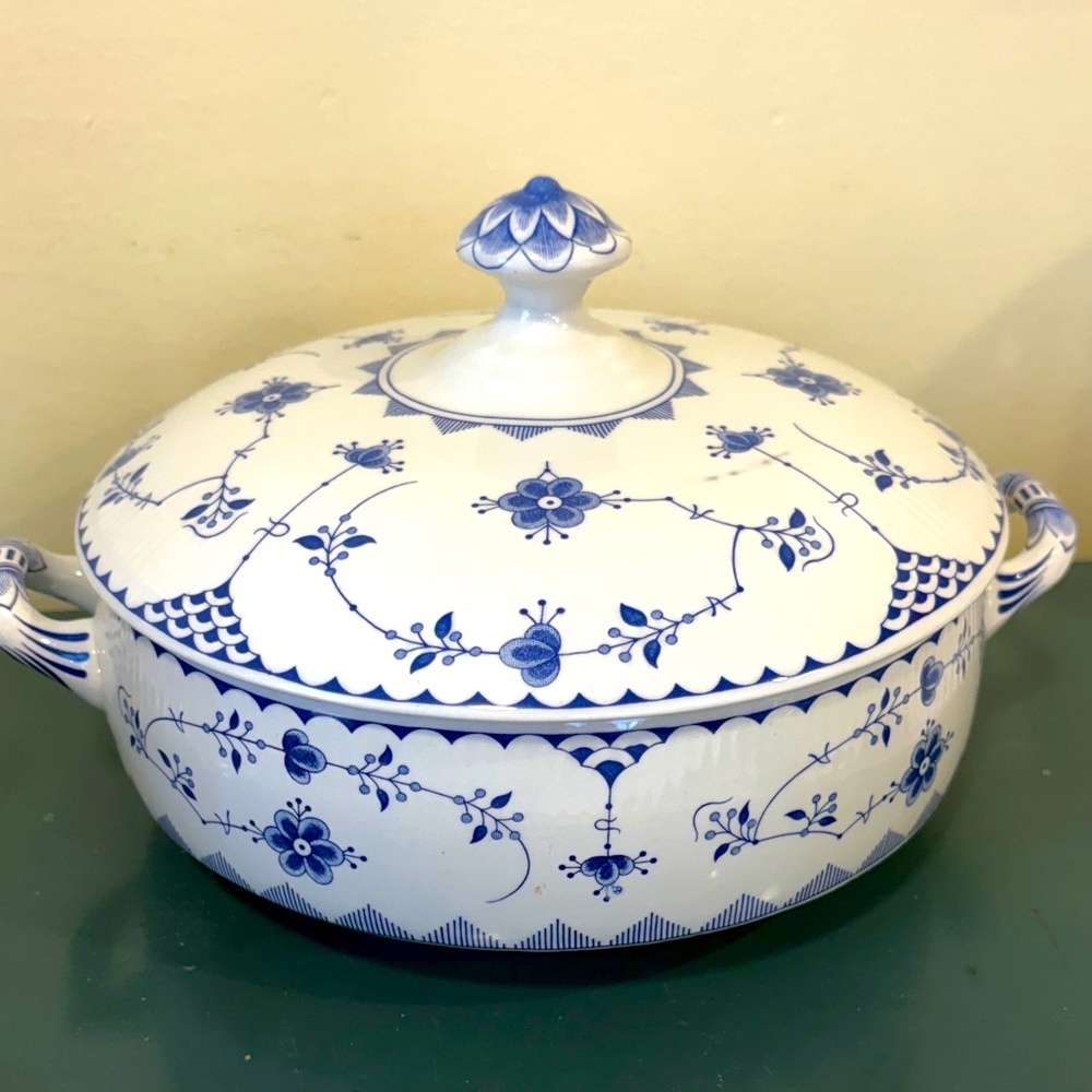 Franciscan English Ironstone Serving Dish with Lid. Blue Floral Design.